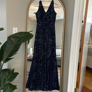 Long Sleeveless Beaded V Front And Back W/Mesh Godet Insets Color: Peacock